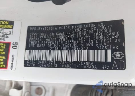 2018 Toyota Corolla Le из США, поврежденный, VIN 2T1BURHEXJC987313